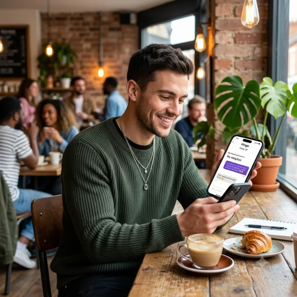Smiling young man in a cafe looking at a phone showing a Hinge dating profile and a message.