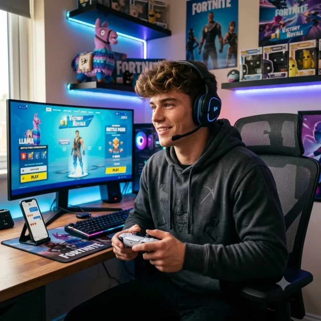 A smiling gamer holds a controller at a desk with a Fortnite screen and a smartphone showing text messages