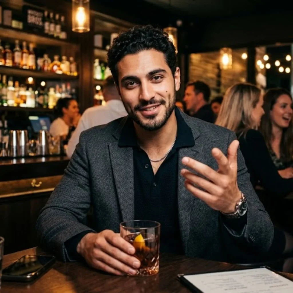 A charming man in a blazer sitting at a bar table holding a drink and gesturing mid-conversation.