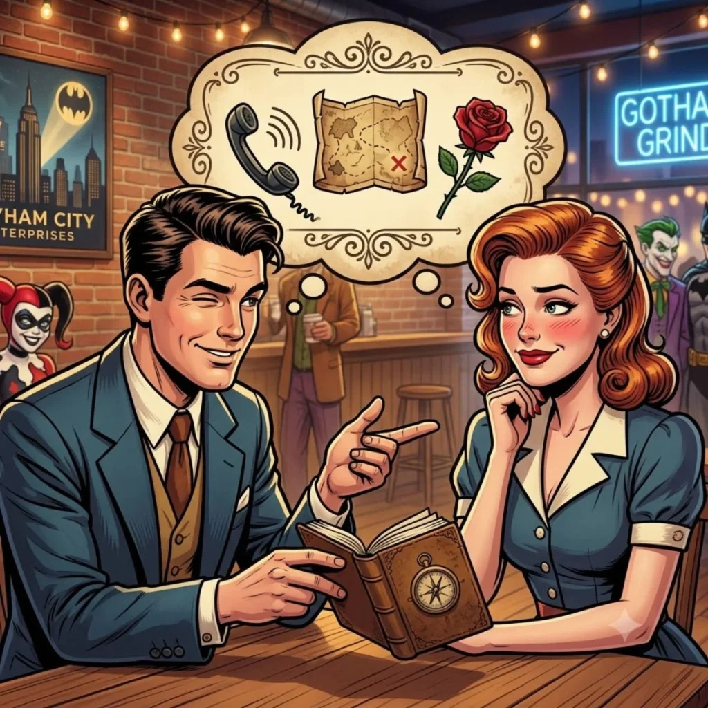 A charming man in a suit winking at a blushing woman in a Gotham cafe with a vintage romance thought bubble