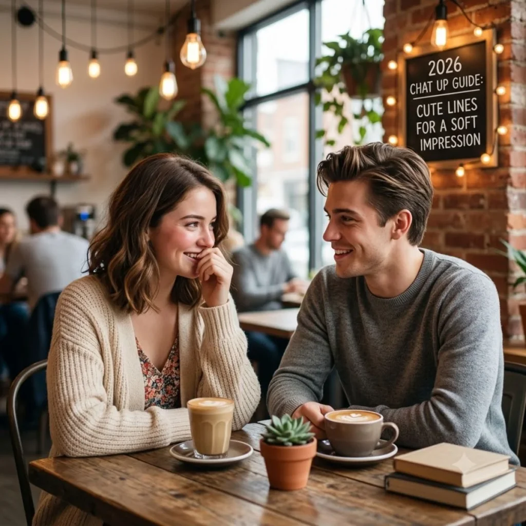 A smiling woman covering her mouth shyly while looking at a man sitting across a coffee shop table.