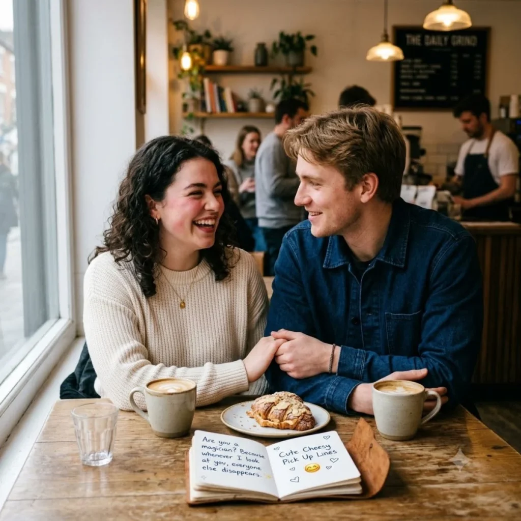 Happy couple holding hands in a cafe with a notebook featuring cute cheesy pickup lines on the table