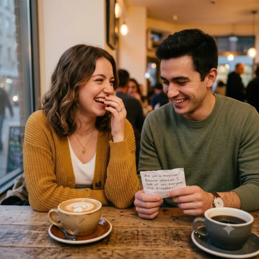 A young woman laughing while a man holds a handwritten pickup line note in a warm coffee shop