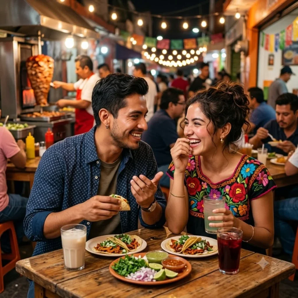 A smiling young Mexican man talking to a laughing woman wearing a colorful floral embroidered top at a taco stand.