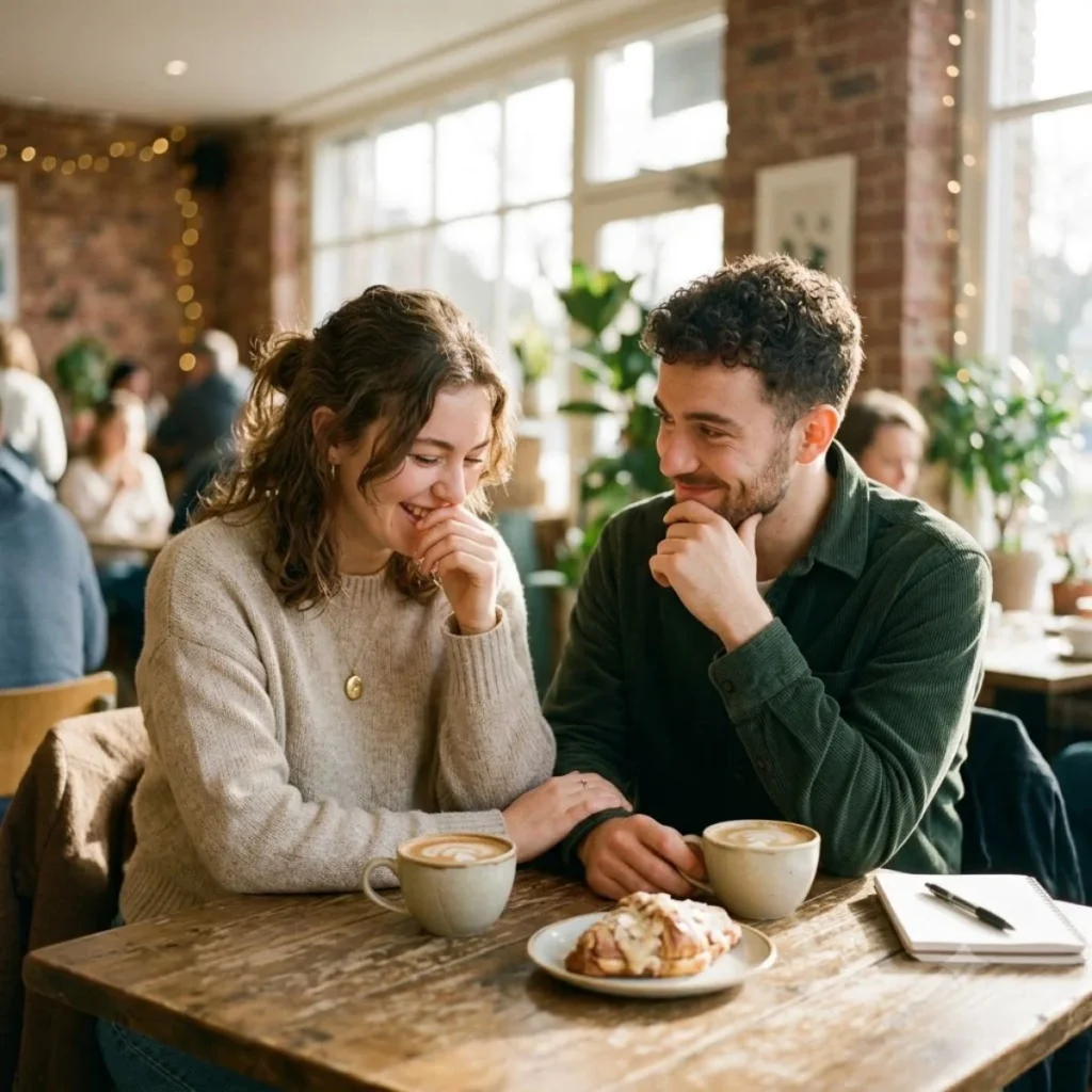 A smiling woman covering a giggle as a man looks at her affectionately over coffee cups in a cozy cafe.