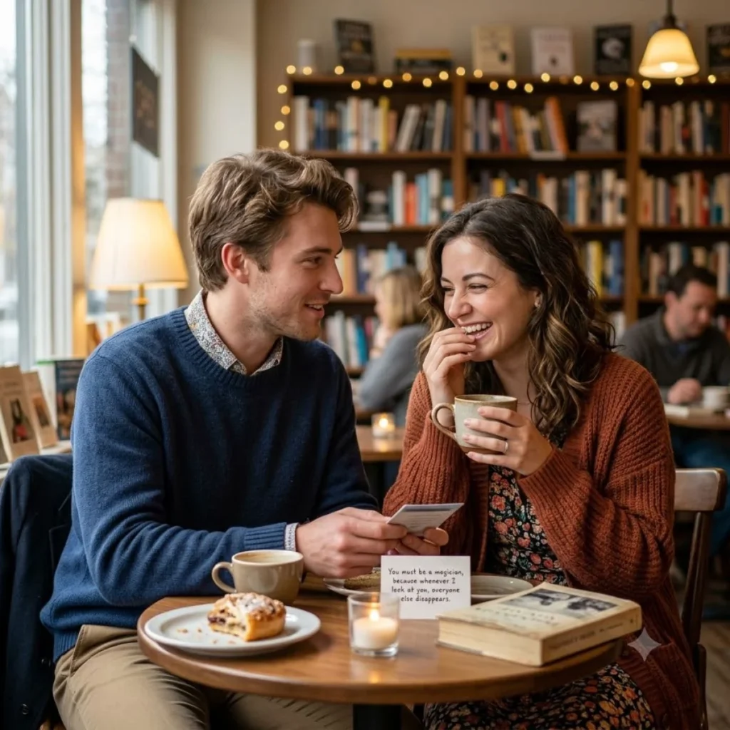 A smiling man and woman sharing coffee and cute pickup line notes in a cozy bookstore cafe.