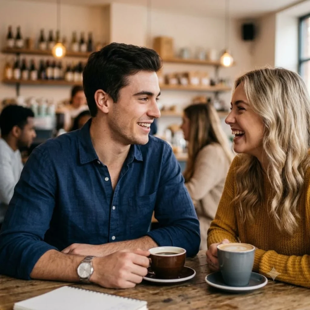 A man in a navy shirt leans in and smiles flirtatiously at a blonde woman laughing at a coffee shop table.