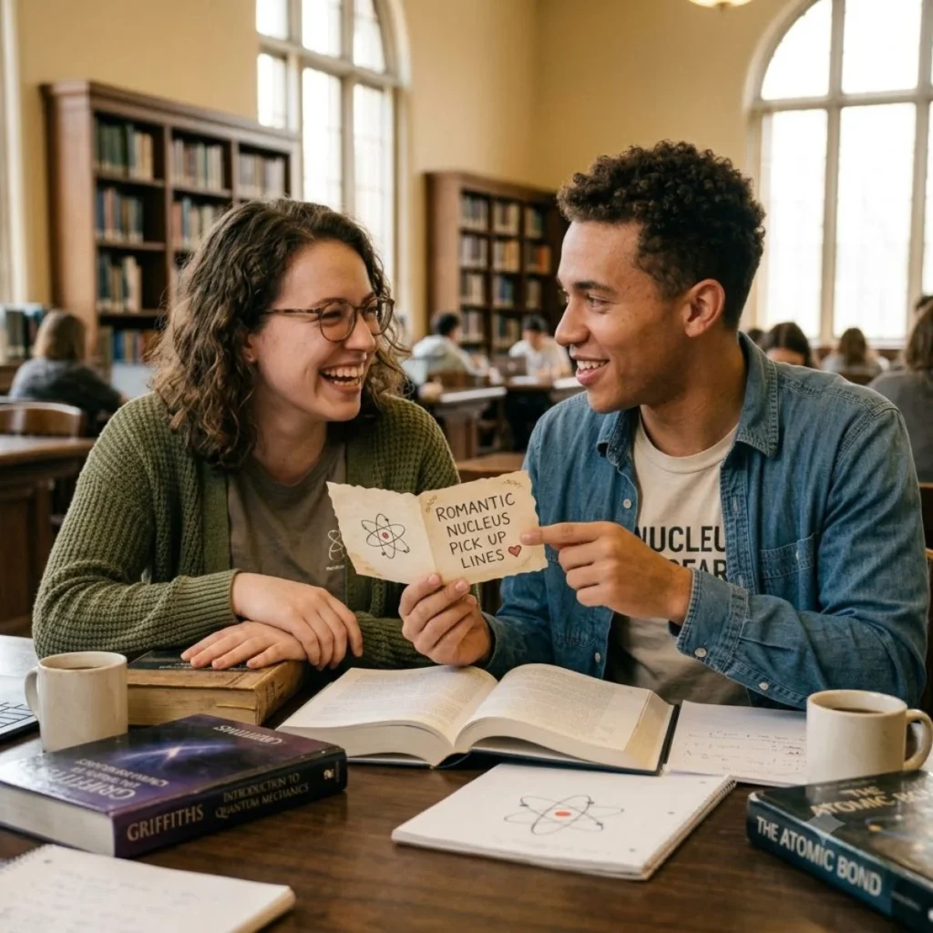 Science students holding a romantic nucleus pick up lines note while laughing together at a library desk