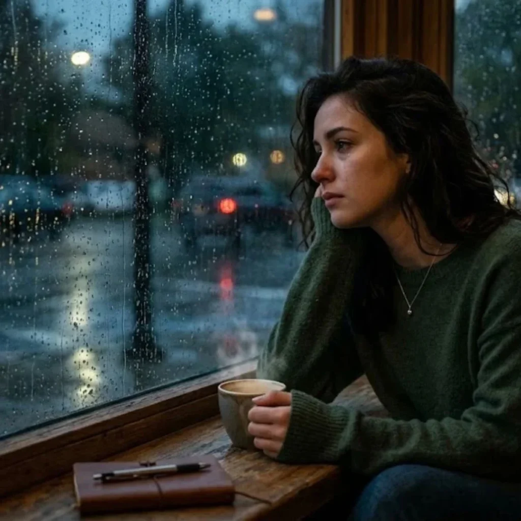 Sad woman looking through a rain covered cafe window beside coffee and a journal with breaking up quotes