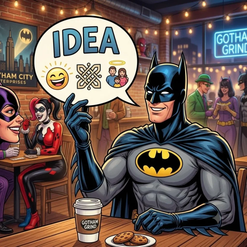 Batman smiling in a cafe with a thought bubble showing elements of a clever, friendly idea