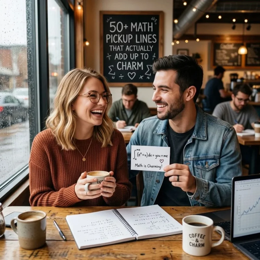 Smiling couple at a cafe table sharing a flirty handwritten math pickup line note over coffee