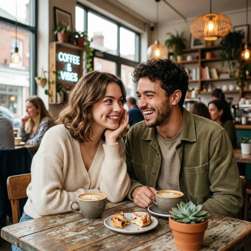 Smiling young couple sharing a playful conversation over cups of latte at a sunlit wooden cafe table
