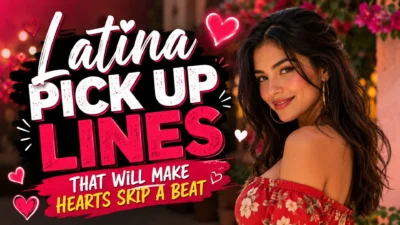 Latina pick up lines romantic graphic with smiling woman and heart-themed pink background