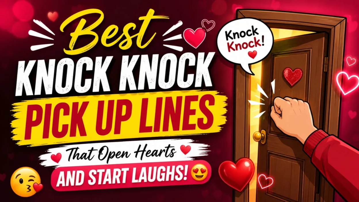 Best knock knock pick up lines with romantic door, hearts, and playful knocking scene