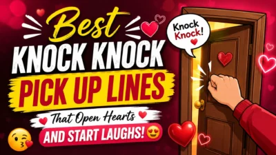 Best knock knock pick up lines with romantic door, hearts, and playful knocking scene