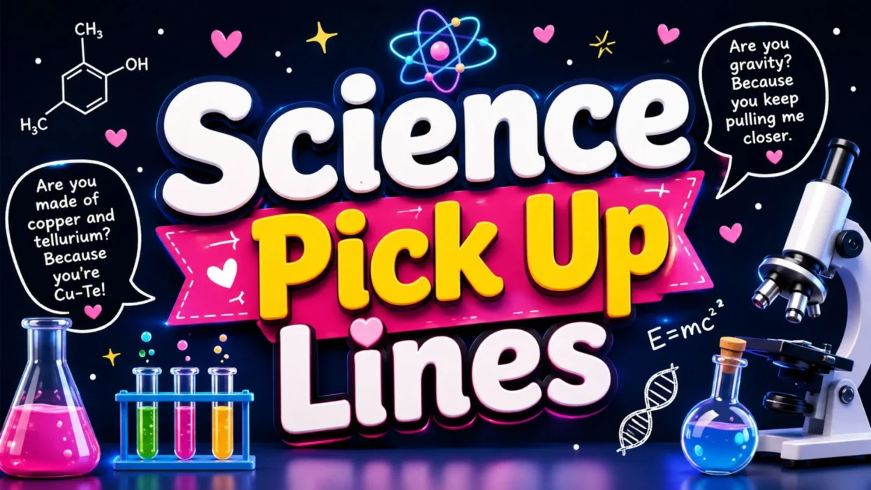 Science pick up lines poster with lab tools, hearts, atoms, microscope, and colorful chemistry theme