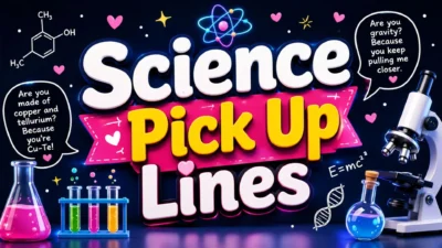 Science pick up lines poster with lab tools, hearts, atoms, microscope, and colorful chemistry theme