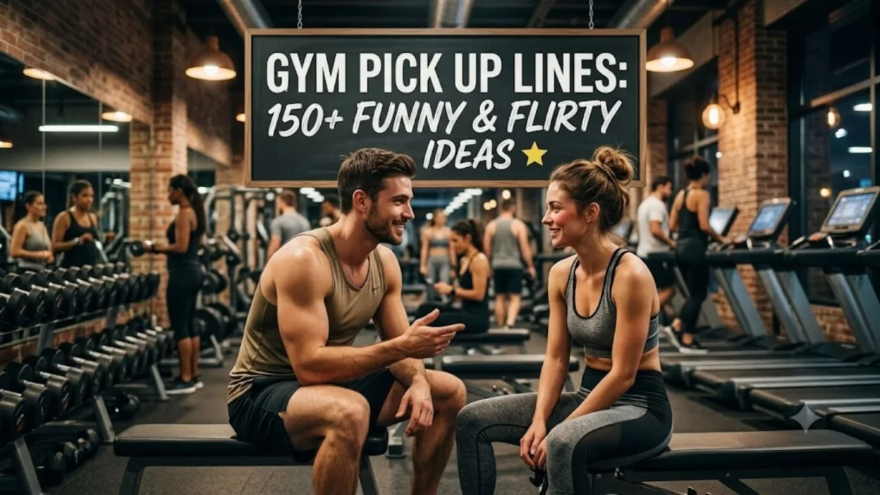 A fit man smiling and talking to a woman on a weight bench in a busy gym, cinematic photorealistic style.