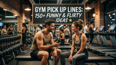 A fit man smiling and talking to a woman on a weight bench in a busy gym, cinematic photorealistic style.