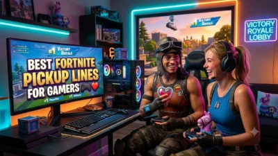 A smiling gamer couple playing video games together in a neon-lit room next to a screen showing Fortnite pickup lines.