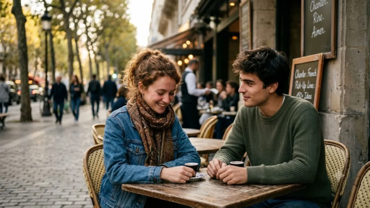 A young couple sharing a flirty moment at an outdoor Parisian cafe with French pick up lines written on a chalkboard.