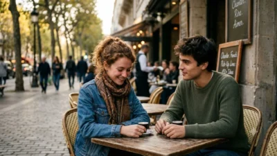 A young couple sharing a flirty moment at an outdoor Parisian cafe with French pick up lines written on a chalkboard.
