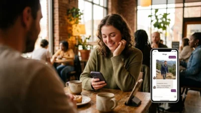 Woman smiling at her smartphone screen while sitting at a rustic coffee shop table with a Hinge dating app interface overlay.