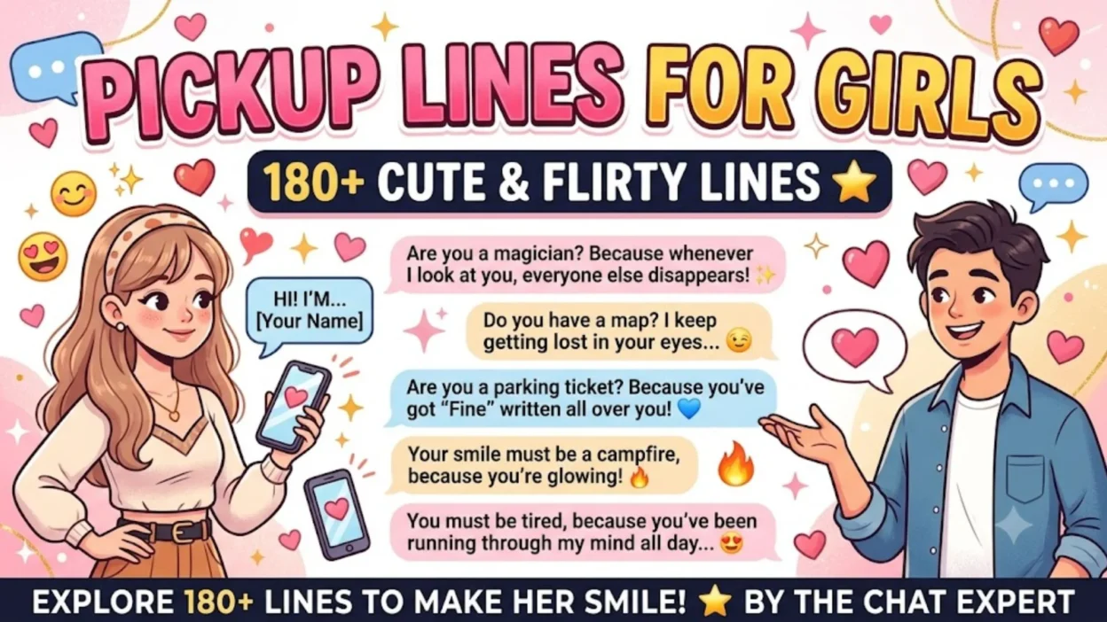 Cute and flirty pickup lines for girls blog banner with illustrated characters chatting