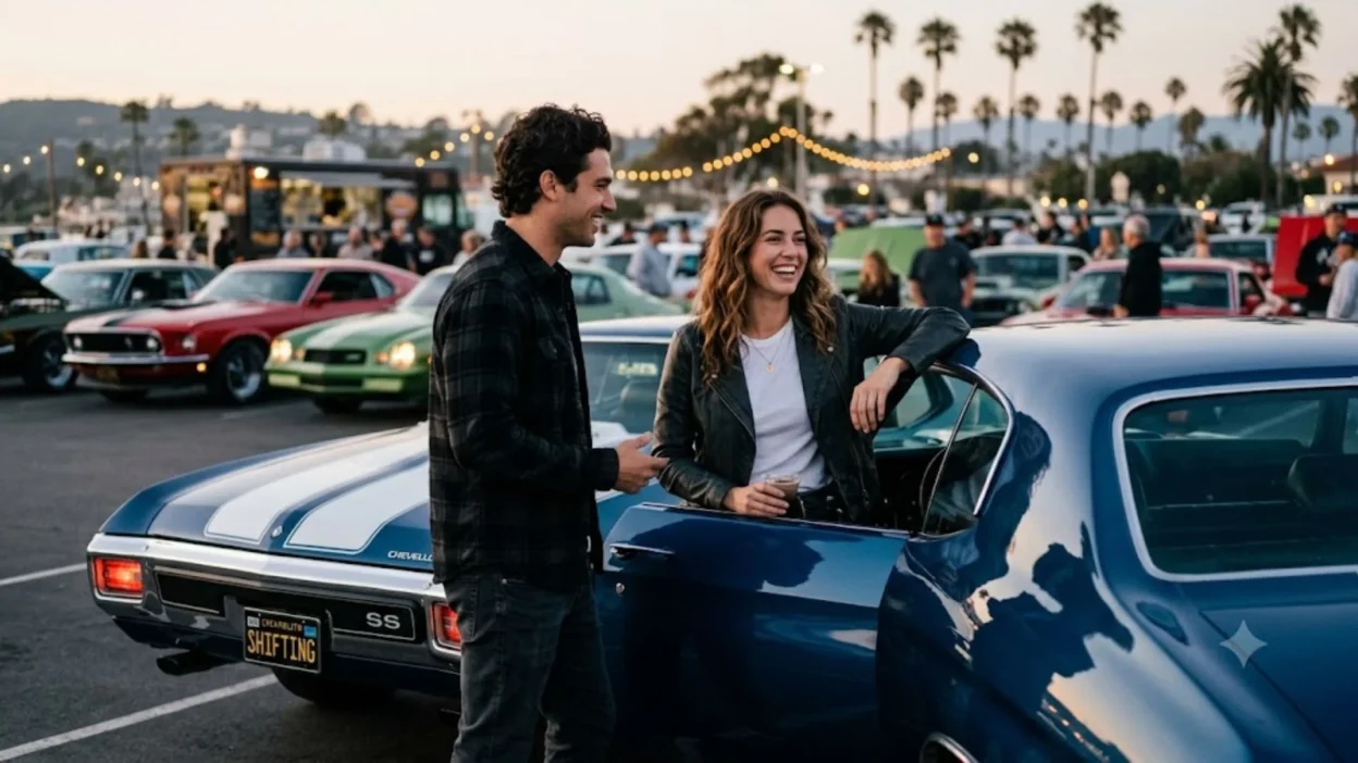 A young couple smiling and talking next to a classic blue muscle car at an evening outdoor car meet.