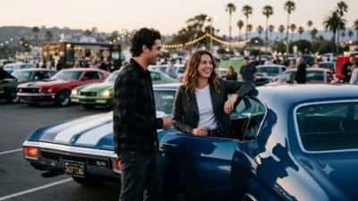 A young couple smiling and talking next to a classic blue muscle car at an evening outdoor car meet.