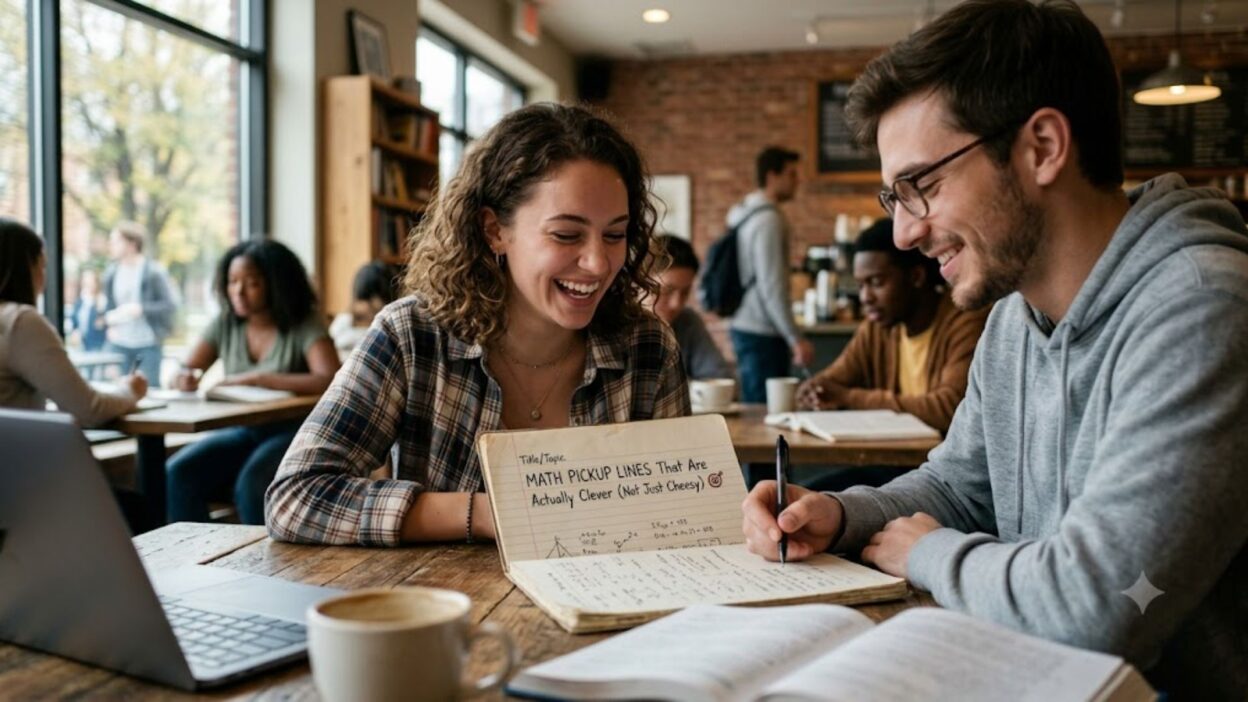 A smiling man and woman studying math equations together at a laptop inside a bustling college coffee shop.