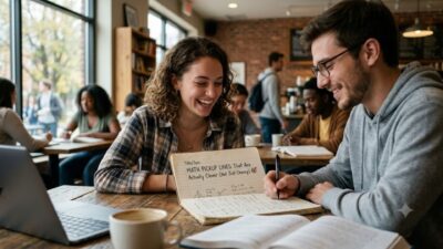 A smiling man and woman studying math equations together at a laptop inside a bustling college coffee shop.