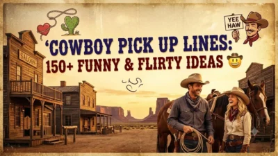 Cowboy and cowgirl laughing in an old western town banner for Cowboy Pick Up Lines.