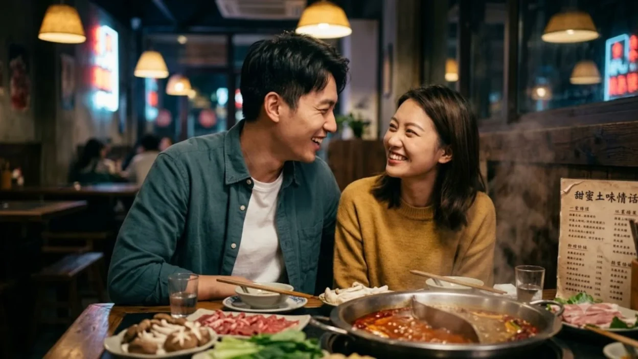 A young Chinese couple sharing a laugh during a hotpot restaurant date.