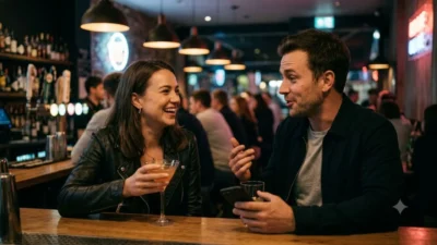 A man delivering a bold joke to a laughing woman at a dimly lit bar counter.