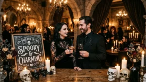 A gothic couple smiles in a dimly lit spooky ballroom next to a chalkboard sign that says Spooky and Charming.