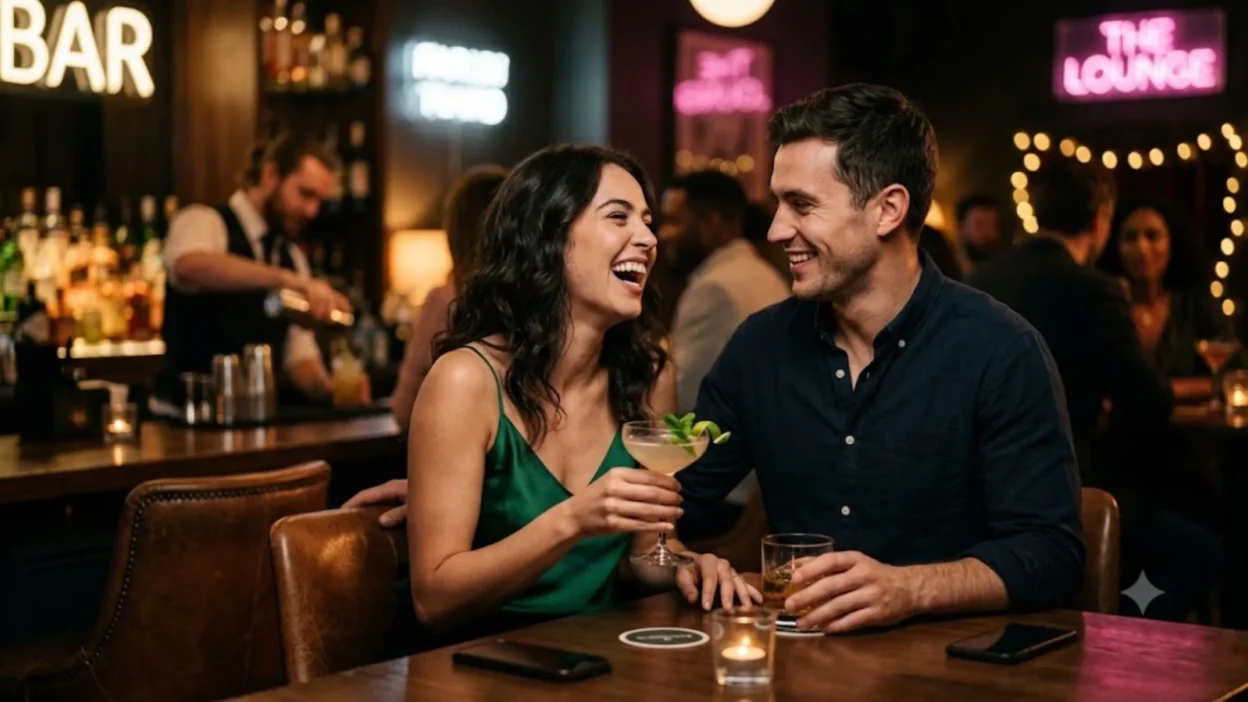 A smiling man and laughing woman in a green dress talk over cocktails at a dimly lit bar counter.