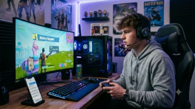 A young gamer plays Fortnite at a desk with a gaming monitor showing a Victory Royale screen and a phone nearby