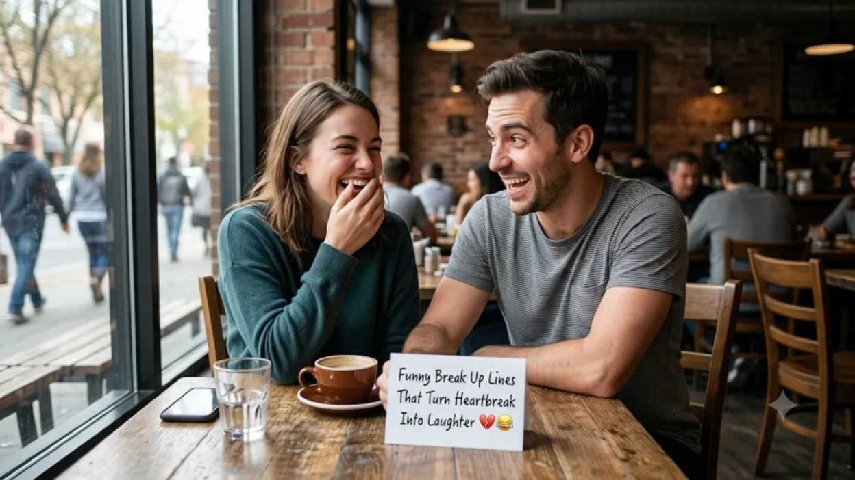 A laughing couple sits at a cafe table with a sign reading Funny Break Up Lines That Turn Heartbreak Into Laughter.