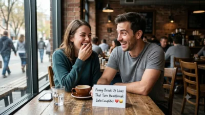 A laughing couple sits at a cafe table with a sign reading Funny Break Up Lines That Turn Heartbreak Into Laughter.