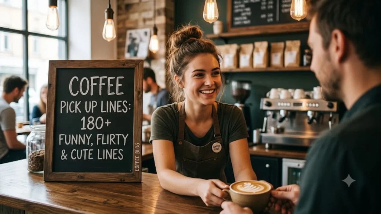 Smiling barista serving latte to a customer next to a chalkboard sign with coffee pick up lines.