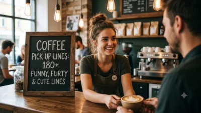 Smiling barista serving latte to a customer next to a chalkboard sign with coffee pick up lines.