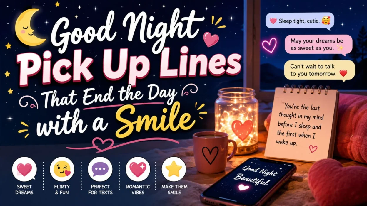 Good night pick up lines with moon, stars, cozy bedroom, romantic texts, and sweet bedtime vibes