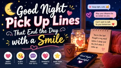Good night pick up lines with moon, stars, cozy bedroom, romantic texts, and sweet bedtime vibes