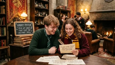 Two young people wearing Hogwarts house scarves laughing at romantic Harry Potter pick up lines written on parchment paper.