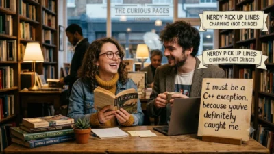 A man and woman laughing over a book and laptop in a cozy bookstore with nerdy pick up lines on display.