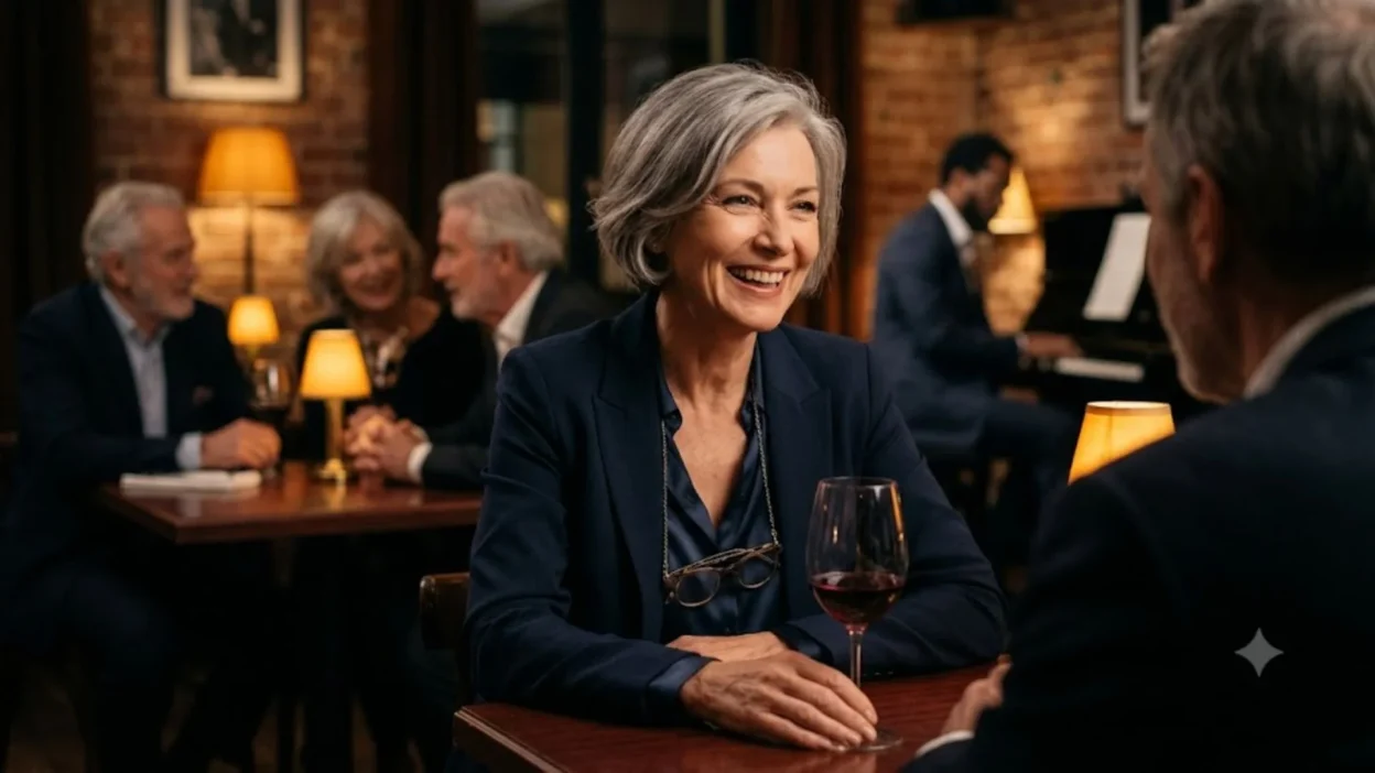 An elegant older woman with short gray hair smiles during a warm date in a dimly lit jazz lounge.