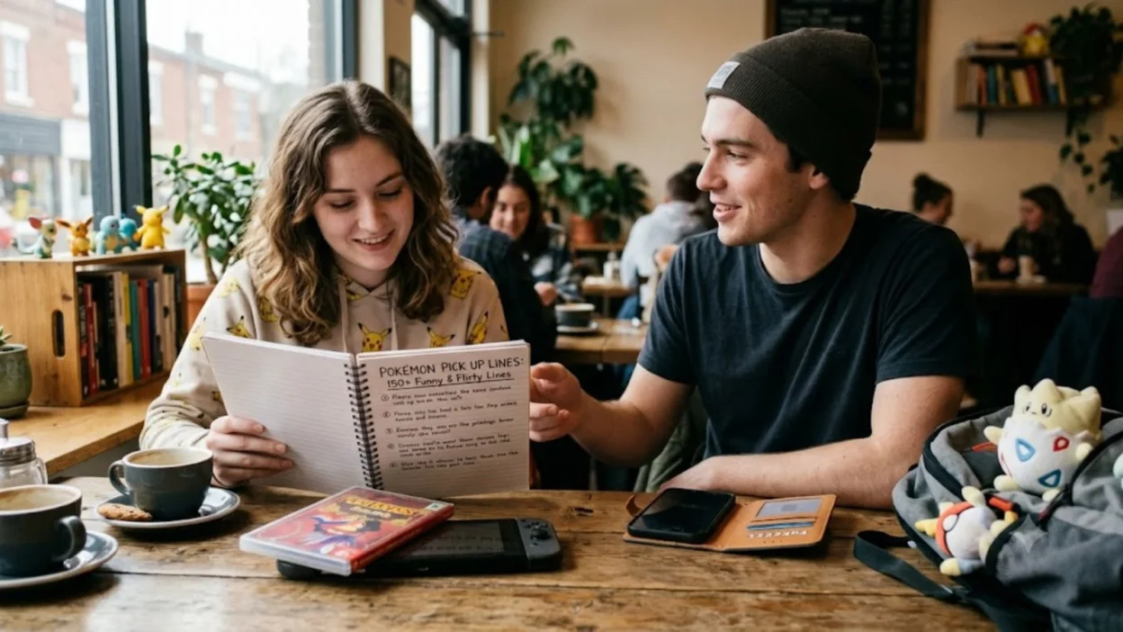 A young couple smiles while looking at a notebook titled Pokemon Pick Up Lines in a cozy cafe setting.