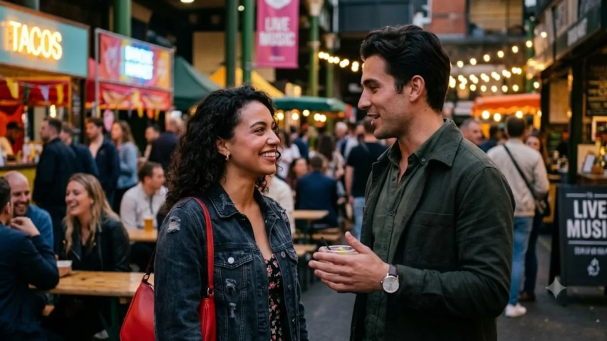 A man talking to a smiling woman carrying a red purse at a crowded outdoor night market.