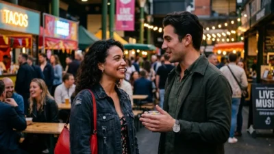 A man talking to a smiling woman carrying a red purse at a crowded outdoor night market.